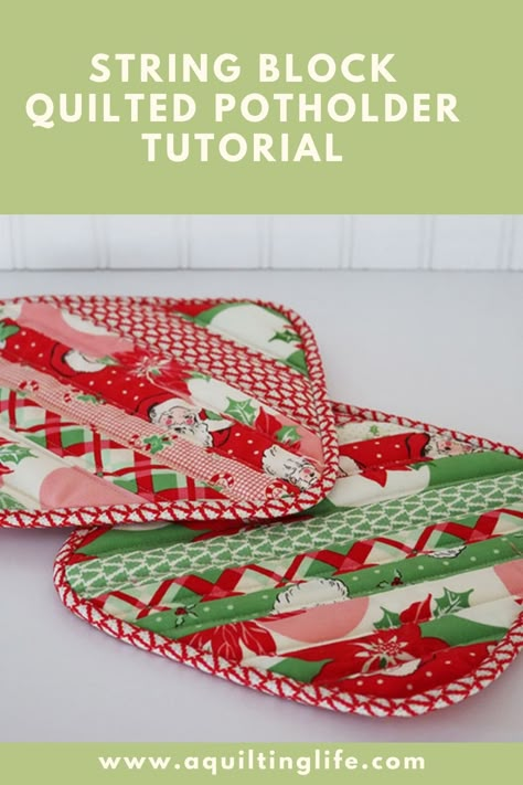 Quilted Potholder Tutorial, Potholder Patterns Free, Potholder Tutorial, Quilted Crafts, Quilted Potholder Pattern, Kitchen Sewing, Christmas Potholders, A Quilting Life, Quilted Pot Holders