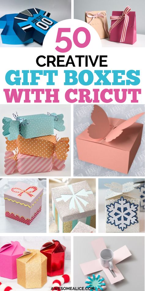 Discover endless crafting possibilities with our collection of 50 free DIY Gift Box Templates designed specifically for your Cricut machine. Access SVG files for Cricut and step-by-step instructions to create personalized gift boxes perfect for small gifts and treats. Whether you're a beginner or a seasoned crafter, learn how to make stunning packaging with our templates and get inspired with creative ideas!" #DIYGiftBox #CricutCrafts #FreeTemplates #SVGFiles #GiftIdeas #HowTo Diy Box Cricut, Decorate A Gift Box Ideas, Cricut Box Projects, Cricut Display Ideas, Free Explosion Box Svg, Homemade Boxes Diy, Cricut Box Templates Free Svg, Card Stock Crafts Cricut, Small Christmas Gift Box Ideas