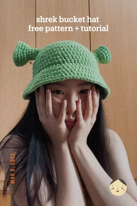 how to crochet a shrek bucket hat beginner friendly step by step tutorial easy halloween costume Shrek Beanie Crochet Pattern, Shrek Crochet Hat Free Pattern, Crochet Hats Animal, Shrek Crochet Bucket Hat, Shrek Bucket Hat Crochet Pattern, Shrek Headphones Crochet, Cute Crochet Bucket Hat Ideas, Crochet Hat Halloween, Easy Crochet Halloween Costumes