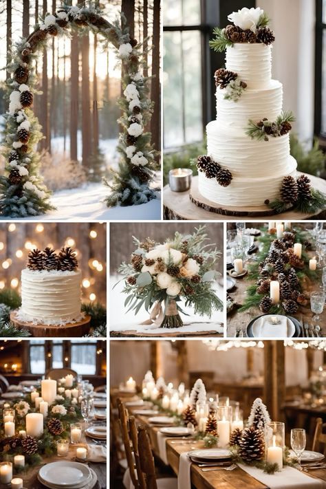 Wedding Decor For Ceremony, December Country Wedding, Wedding Decor Winter Theme, Christmas Wedding Pallet Colors, Outdoor Wedding Winter, Forest Wedding Winter, Winter Wonderland Wedding Colors, Small Winter Wedding Ideas Simple, January Wedding Decorations