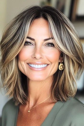 Save this pin for the best haircuts for older women with fine hair. This gorgeous layered cut adds body and texture to fine hair for a lifted, fuller look. But the real magic comes with those dimensional highlights. Haircuts For Grey Hair Over 50, Medium Hairstyles For Fine Hair Over 50, Hair Styles For Medium Fine Hair, Balayage For Mid Length Hair, Fine Hair Blonde Highlights, Hairstyles For Age 50 And Over, Fall Hair Colors For Gray Hair, Mid Length Hairstyles For Thinning Hair, Hair For Fine Straight Hair