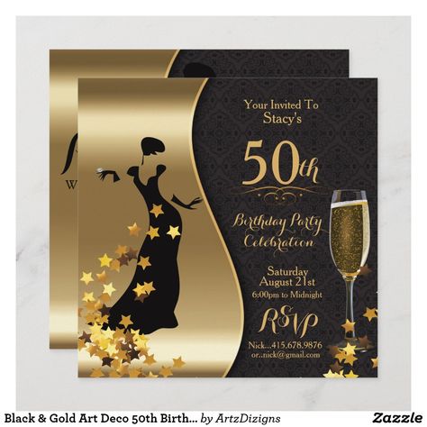 Black & Gold Art Deco 50th Birthday Invitation Black Gold Art, Fiesta Birthday Invitations, Art Deco Invitations, 50th Birthday Invitation, 50th Birthday Party Invitations, Spy Gear, 50th Birthday Ideas, 21st Birthday Invitations, Mermaid Birthday Invitations