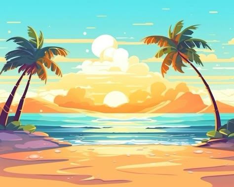 Tropical Background Illustration, Tropical Island Illustration, Beach Design Illustration, Beach Cartoon Background, Beach Illustration Design, Beach Illustration Art, Art Ideas Procreate, Summer Illustration Design, Beach Pop Art