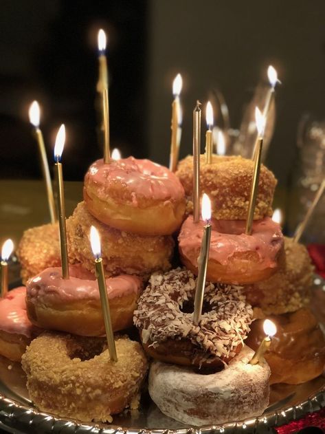 Donut Birthday Stack, Glazed Donut Cake Tower, Donuts Stacked Like A Cake, Birthday Desserts Aesthetic, Birthday Donuts With Candles, Doughnut Stack Cake, Donuts Birthday Aesthetic, Donut Bday Cake, Stacked Donut Cake