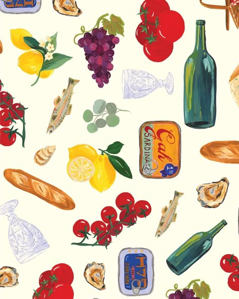 LISA SAYS GAH on Instagram: “🥖🍷🦪🍅🍇🍋 Our Italian Summer print is almost here! Consider this custom print capsule your hot-weather go-to, and a way to transport to the…” Lisa Says Gah Tapas, Vintage Summer Prints, Lisa Says Gah Italian Summer, Cute Summer Patterns, Italian Summer Illustration, Cute Summer Painting Ideas, Lisa Says Gah Wallpaper, Lisa Says Gah Aesthetic, Italian Summer Nails