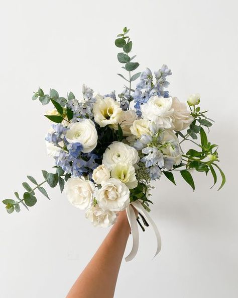 Something Blue Wedding Bouquet, Blue Florals For Wedding, Bride Bouquets Blue And White, Baby Blue Flower Arrangements, Wedding Florals With Blue, Wedding Blue Bouquet, Dusty Blue Florals, Blue Tulip Bouquet Wedding, Wedding Florals Blue And White