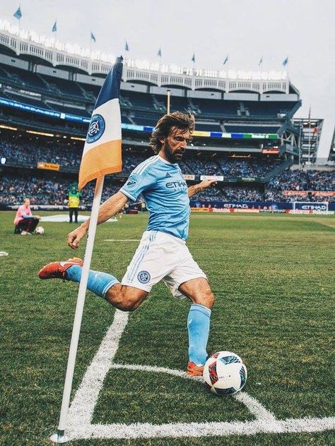 Andrea Pirlo shooting a corner kick at New York City FC, March 2016 Soccer Shoot, Andrea Pirlo, Sports Merchandise, New York City Fc, Professional Soccer, Major League Soccer, Soccer League, World Cities, The Beautiful Game