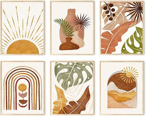 set of 6 sun, moon, geometry canvas painting posters to make room into a gallery 8"x10" Studio Apartment Bedroom, Boho Wall Art Printables, Office Wall Art Ideas, Printable Wall Art Aesthetic, Art Soleil, Boho Shapes, Modern Boho Art, Earthy Terracotta, Hallway Artwork