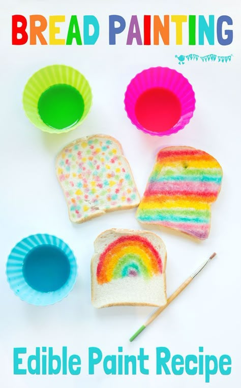 ART YOU CAN EAT is such fun! Check out our easy EDIBLE PAINT RECIPE and get the kids busy creating their own RAINBOW BREAD MASTERPIECES. Bread Painting, Rainbow Bread, Paint Recipe, Kids Craft Room, Edible Crafts, Edible Paint, St Patrick's Day Crafts, Rainbow Crafts, E Mc2