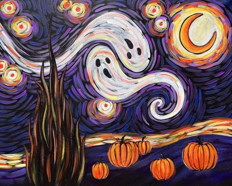 Starry Night Halloween, Halloween Canvas Art, Painting Parties, Arte Van Gogh, Best Paint, Painting Classes, Halloween Painting, Paint Night, Pumpkin Painting