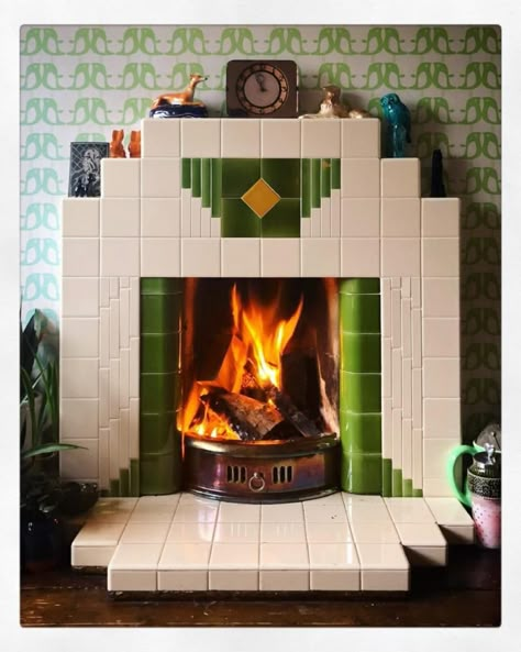 Wyndham Art Deco all tiled fireplace with extra stick detail Art Deco Tiled Fireplace, Art Deco Fireplaces, Vintage Fireplace Tile, Tiled Chimney, Green Tile Fireplace, Spanish Revival Fireplace, 70s Fireplace, Unique Fireplace Ideas, Mckinley Dollhouse