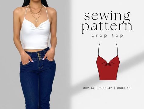 Halter Crop Top PDF Sewing Pattern Size UK2-14 A4, US Letter, A0 - Etsy Cute Top Sewing Patterns Free, Free Sewing Patterns Tops, Sewing Patterns Tops, Halter Top Sewing Pattern, Top Pattern Sewing, Tank Top Sewing Pattern, Crop Top Sewing Pattern, Crop Top Styles, Diy Clothes Patterns