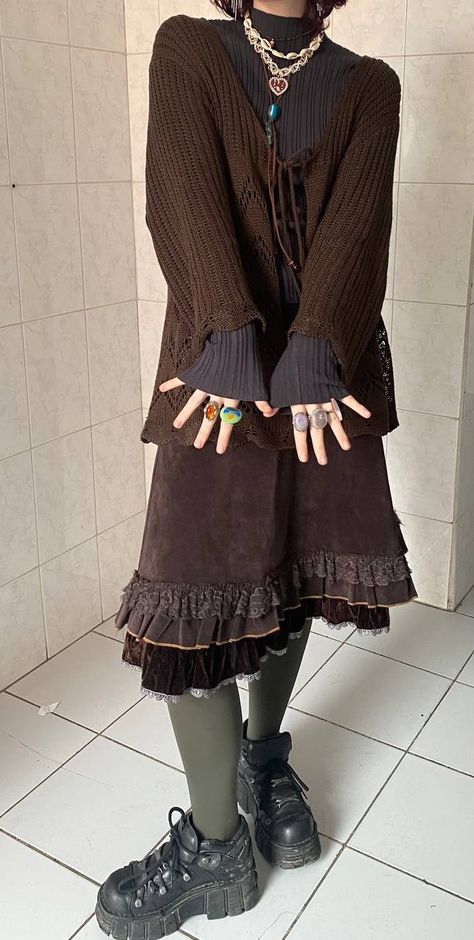 thrifting,witchcore, fairycore, hippie, boho, earth core, naturecore, green top, velvet trousers, nails, burgundy, vintage, grunge, aesthetic, style, ootd, outfit, jewelry, women fashion, male fashion, alternative style, outfits, outfit,  inspo, ideas, alternative, aesthetic, adventurecore, apocalypsecore, vibe, teen, teenager, university outfit, converse, atmosphere, fit, scene, secondhand, brown, green, grey, rings, crystals, magical, Ren fair, Renaissance fair, blouse, antique grunge Masc Outfit With Skirt, Grunge Woman Outfits, Grunge Brown Outfit, Fairy Aesthetic Outfits Grunge, Orphan Outfit Ideas, Midwestern Gothic Aesthetic Fashion, Wizard Core Aesthetic Outfit, Grunge Colorful Outfit, Antique Grunge Aesthetic Outfit