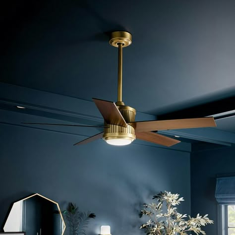 48" Brahm 5 Blade Ceiling Fan Brass | Kichler Lighting Mid Century Modern Living Room Ceiling Fan, Bedroom Fan Ideas, Mid Century Ceiling Fan, Mid Century Modern Ceiling Fan, Cieling Fans, Stylish Ceiling Fan, Living Room Fans, Wooden Ceiling Fans, Vintage Ceiling Fans