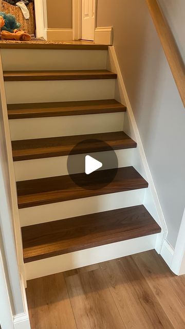 Jay Mowder on Instagram Two Different Wood Floors Transitioning Stairs, House Stairs Ideas Modern, Stairs Makeover Ideas Wood, Ideas For Steps In House, Taking Carpet Off Stairs, Turning Staircase Ideas, Floor Stairs Ideas, Ideas For Stairs Instead Of Carpet, Stairs Renovation Ideas