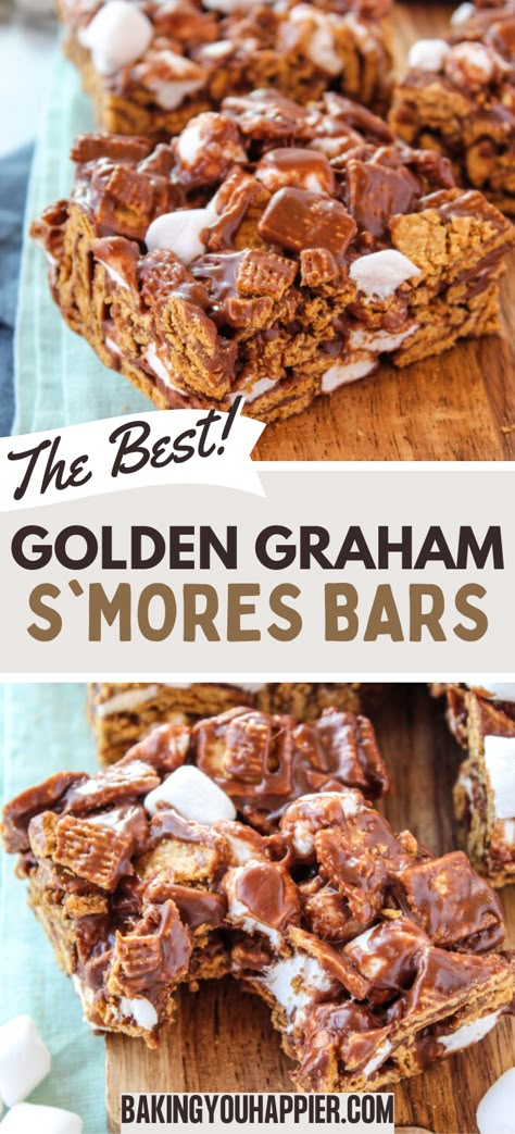 Golden Graham S’mores Bars, layers of ooey-gooey goodness in every chocolatey bite make these delicious no bake bars a favorite treat! Smores Bars Recipe Golden Grahams, Smores Dessert Golden Grahams, S’mores Squares Golden Grahams, S’mores Bars Golden Graham, Indoor S’mores Golden Grahams, Golden Graham Treats Cereal Bars, S’mores Bars Recipe Golden Grahams, Golden Grahams Smores Bars Easy, Smores Snack Mix Golden Grahams