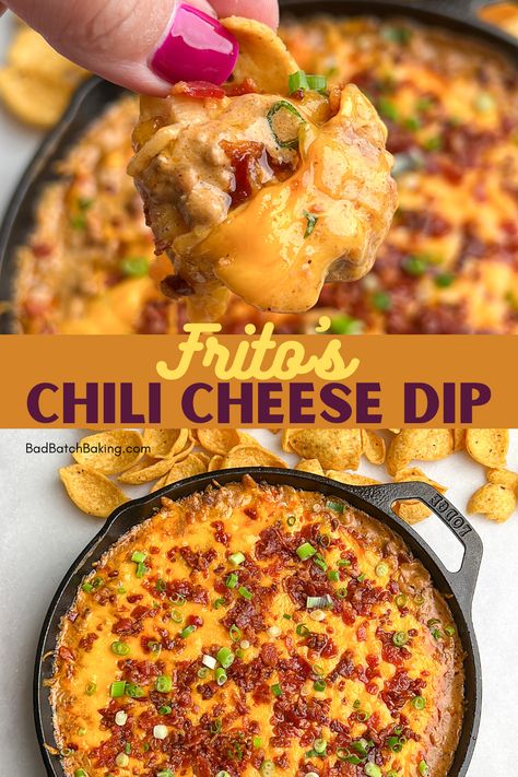 Dips To Eat With Fritos, Frito Chili Dip, Dinner Dip Ideas, Hot Cheesy Dip Recipes, Frito Dip Recipe Cream Cheese, Dips With Fritos, Famous Dip Recipes, Hot Chili Cheese Dip, Fritos Chili Cheese Dip