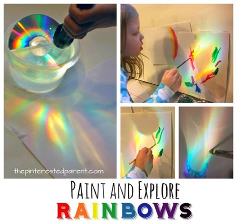 Make, explore and paint rainbows. Use a CD, water and sunlight or a flashlight to cast rainbows, study and paint with watercolors. A great piece of process art for kids. Art and science, STEAM projects for preschoolers. Table Activities Preschool, Cslp 2025, Vetenskapliga Experiment, Rainbow Experiment, Paint With Watercolors, Rainbow Activities, Steam Projects, Painted Rainbow, Steam Activities