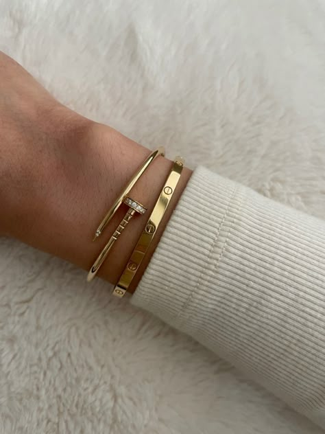 Cartier Pin Bracelet, Cartier Aesthetic Bracelet, Cartier Juste Un Clou Bracelet Aesthetic, Cartier Love And Juste Un Clou Bracelet Stack, Cartier Love Bracelet And Juste Un Clou, Cartier Bangle Stack, Stacked Cartier Love Bracelets, Gold Bracelet Cartier, Cartier Small Juste Un Clou