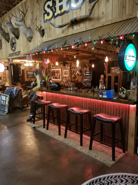 Shop With Bar Area, Barndominium Bar Ideas, Rustic Bar Interior, Barndominium Bar, Country Bar Ideas, Western Bar Ideas, Pole Barn Bar, Saloon Bar Ideas, Party Barn Ideas