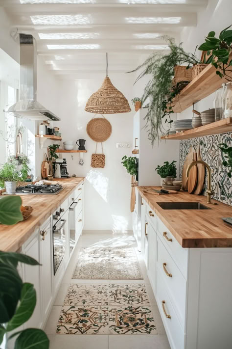 Cozy Boho-inspired remodeled kitchen with earthy decor, plants, and warm, artistic elements. Boho Cottage Kitchen Ideas, Hygge Aesthetic Kitchen, Light Boho Kitchen, Bohemian Kitchen Design Ideas, Small Bohemian Kitchen, Kitchen Boho Chic, Organic Boho Kitchen, Modern Boho Chic Kitchen, Boho Small House