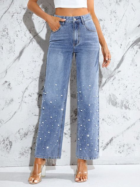 SHEIN Essnce Pearls Beaded Straight Leg JeansI discovered amazing products on SHEIN.com, come check them out! Washed Denim Pants, Denim And Pearls, Moda Denim, Diy Jeans, Slash Pocket, Women's Denim Jeans, Denim And Diamonds, Casual Denim Pants, Pockets Fashion