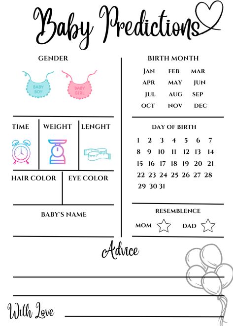 Gender Reveal Prediction Cards, Baby Predictions Printable, Baby Shower Predictions, Baby Shower Prediction Cards, Baby Gender Prediction, Baby Prediction Cards, Baby Shower Host, Gender Prediction, Baby Predictions