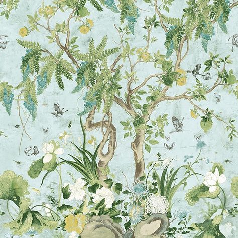 WILD WISTERIA MURAL, Spa Blue, TM42054, Collection Sojourn from Thibaut Wisteria Mural, Wallpaper Thibaut, Lavender Color Scheme, Butterflies Wallpaper, Wisteria Flowers, Thibaut Wallpaper, Wallpaper Interior, Bird Wallpaper, Cushion Fabric