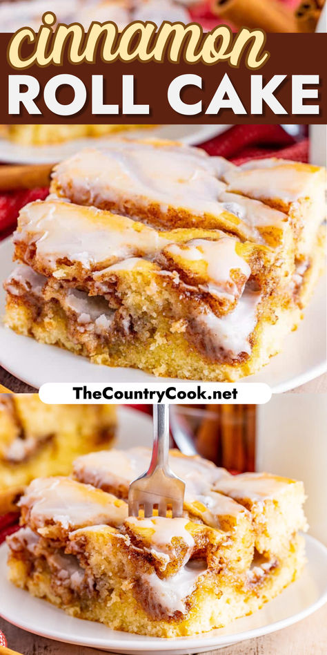 This Homemade Cinnamon Roll Cake dessert has all the flavor of a cinnamon roll but in an easy cake with a vanilla icing drizzled on top! Cinnamon Easy Desserts, Vanilla Cake Dessert Ideas, Cinnamon Roll Gooey Butter Cake With Cream Cheese Drizzle, Peaches And Cream Dessert Recipes, Quick And Easy Homemade Desserts, Cinnamon Swirl Dump Cake, Vanilla Mini Cakes, Homemade Cinnamon Roll Cake, Homemade Cinnamon Roll Casserole