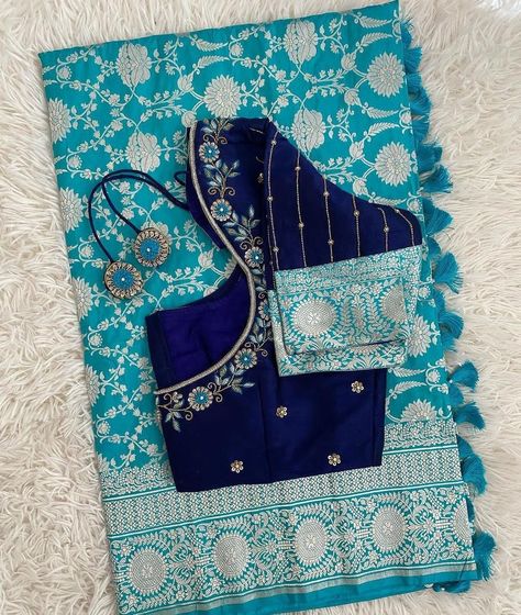 Ink Blue Blouse Designs, Bridal Saree Ideas, Benaras Blouse Designs, Pattu Sari Blouse Designs Latest, Banaras Saree Blouse Designs Latest, Pattu Blouse Designs Latest Without Work, Blue Saree Contrast Blouse, Pattu Sarees Latest Collection, Latest Fancy Blouse Designs Patterns