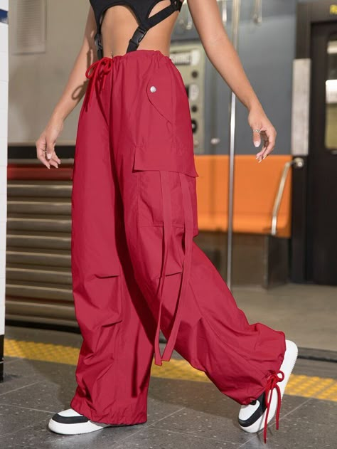 Free Returns ✓ Free Shipping✓. Street Vibes 90s Flap Pocket Drawstring Hem Cargo Parachute Pants- Women Pants at SHEIN. Red Parachute Pants, Pantalon Parachute, Pants Embellished, Street Vibes, Women Bottoms, Y2k Pants, Romper Suit, Dinner Outfits, Crop Top Blouse