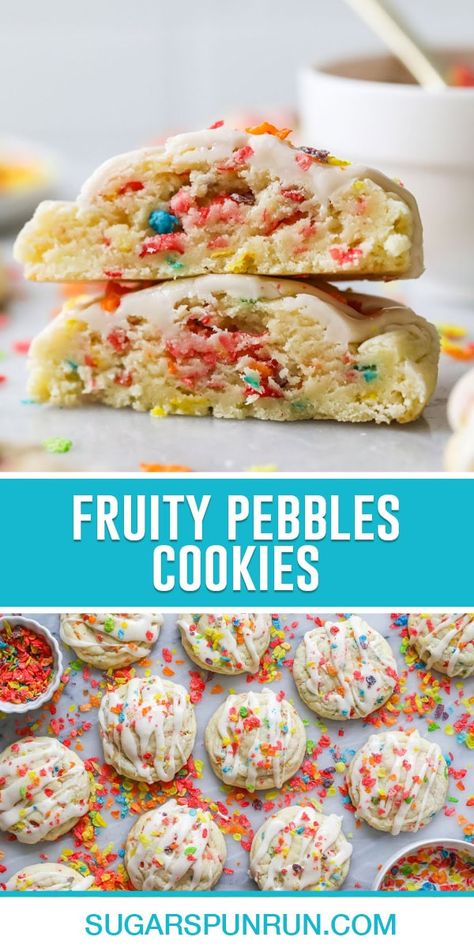 Fruity Pebbles Rice Crispy Treats, Fruity Pebble Treats, Fruity Pebbles Cookies, Fruity Pebble Cupcakes, Fruity Pebble Cookies, Sugar Spun Run, Fruity Pebble, Fruity Pebbles Cereal, Cookie Recipes For Kids