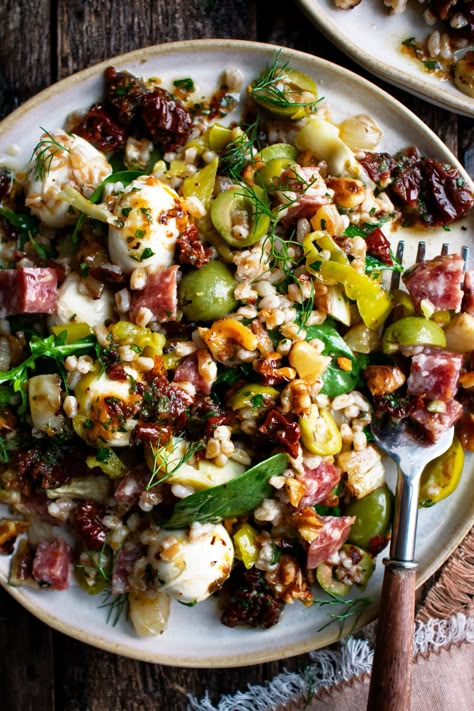 Mediterranean Thanksgiving Recipes, Mediterranean Diet Side Dishes, Tomato Vinaigrette, The Original Dish, Grain Salads, Antipasto Salad, Farro Salad, Grain Salad, Fresh Mozzarella