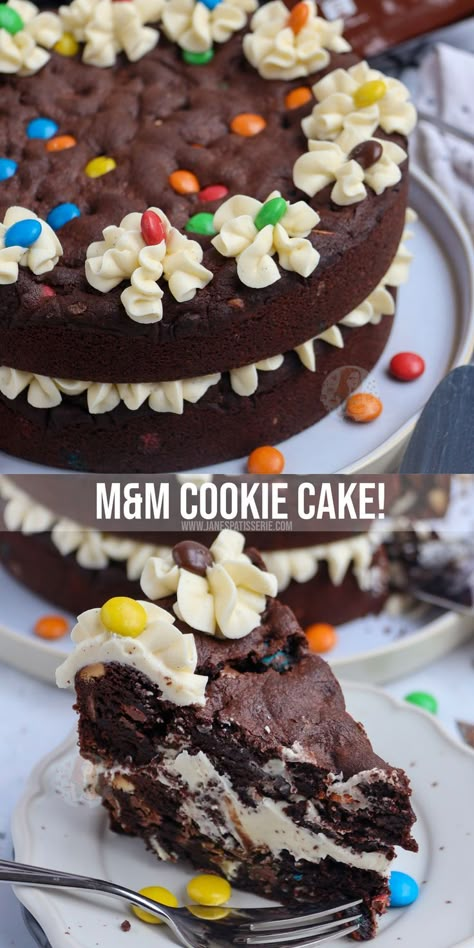 Cookie Layer Cake Recipe, Stuffed Cookie Cake, M&m Cookie Cake, M M Cake Birthday, Cookie Cake Ideas Birthday, Valentine Cookie Cake, Birthday Cookie Cake Designs, Summer Cookie Cake, Big Cookie Cake