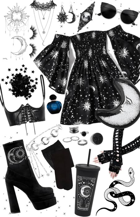 Star Witch Aesthetic Outfit, Space Goth Fashion, Cosmic Outfit Fashion, Astrology Themed Outfits, Galaxycore Style, Witchy Halloween Outfit, Glam Witch Outfit, Moon Theme Outfit, Cool Witch Outfits