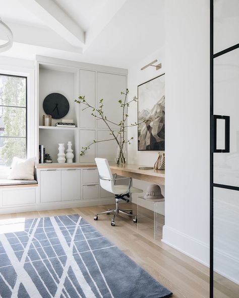 Office • Instagram Transitional Home Office, Area Room Rugs, Floating Desk, Office Inspo, Transitional House, Built In Desk, Work Spaces, Home Office Space, Home Offices