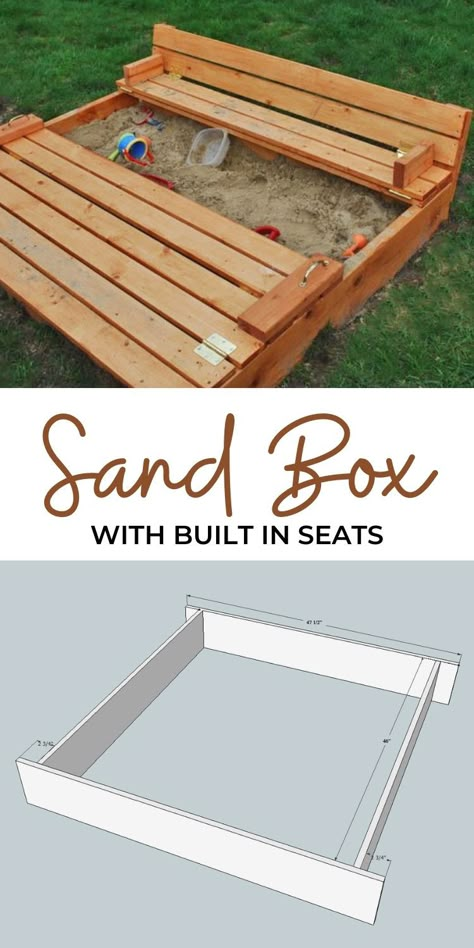 Covered Sandbox Plans, Wooden Sand Box With Cover, Wooden Sandbox Diy, Sandbox With Benches, Covered Sandbox Diy, Diy Sandbox With Cover Cheap, Sand Box Cover Ideas Diy, Sand Box With Lid, Diy Kids Sandbox Ideas