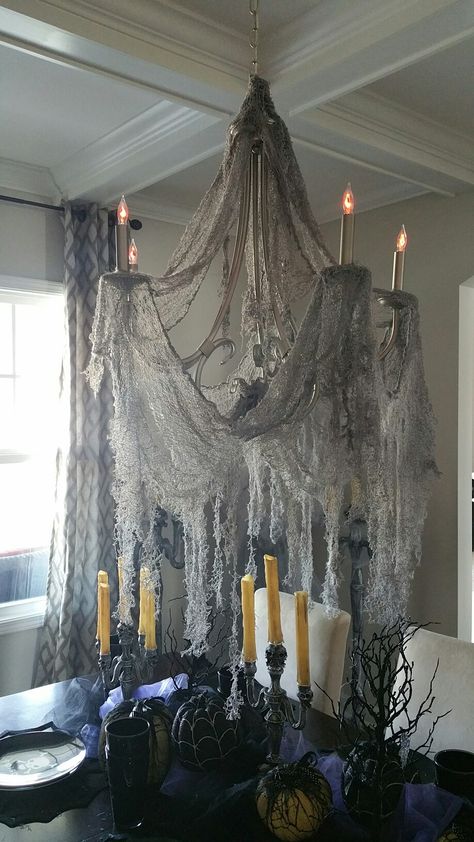 Gray Creepy Cloth and Flickering Light Bulbs Extravagant Halloween Decorations, Classy Spooky Decor, Victorian Goth Halloween Decor, Scary Halloween Centerpiece Ideas, Black Cheesecloth Halloween Decor, Spooky Halloween Entryway, Witch Theme Halloween Decor Living Room, Classic Halloween Decorations, Doorway Halloween Decorations