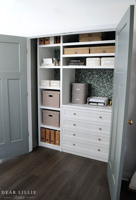 Entryway Closet with Storage Makeover - Dear Lillie Studio Storage Closet Renovation, Office Storage In Closet, Closet Organization Ideas For Crafts, Closet Organization For Office, Closet Storage For Office, Diy Office Closet Organization, Coat Closet With Drawers, Hall Cabinet Organization, Closet Office Organization Ideas