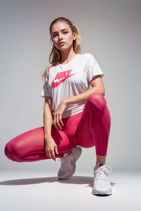 Sport Model Poses, Sporty Poses, Red Nike Logo, Human Gesture, Pose Female, Nike Clothing, Art Photography Portrait, Female Reference, Female Pose Reference