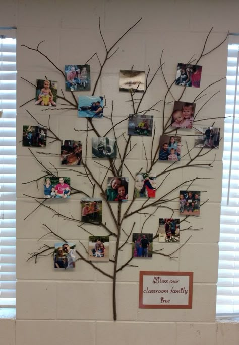 Family Picture Wall Ideas Preschool, Family Tree Art For Kids Classroom, Preschool Family Board Ideas, Daycare Family Photo Wall, Toddler Family Tree Project, Friends And Family Board Classroom, Class Picture Ideas Group Preschool, Family Classroom Board, Family Wall Pictures Ideas Classroom