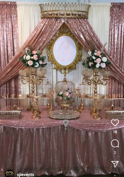 Gold And Ivory Quinceanera Theme, Princess Aurora Quinceanera Theme, 15 Backdrop Party Ideas, Aurora Themed Quinceanera, Pink And Gold Quinceanera Decorations, Sleeping Beauty Quince, Quinceanera Rose Gold Theme, Royal Quinceanera Theme, Royalty Quinceanera Theme