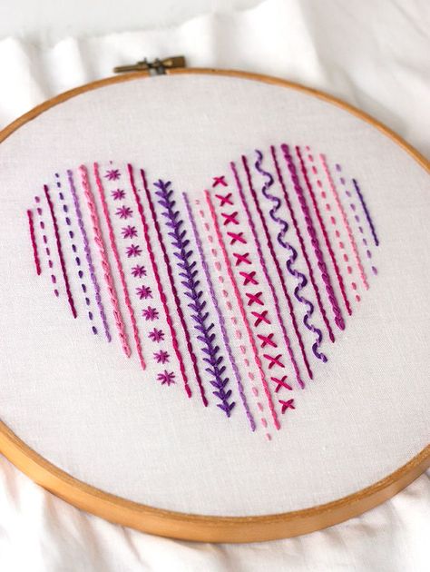 DIY: Heart Embroidery Sampler (For Beginners) Embroidery Sampler, Pola Sulam, Learn Embroidery, Simple Embroidery, Embroidered Heart, Sewing Embroidery Designs, Silk Ribbon Embroidery, 자수 디자인, Crewel Embroidery