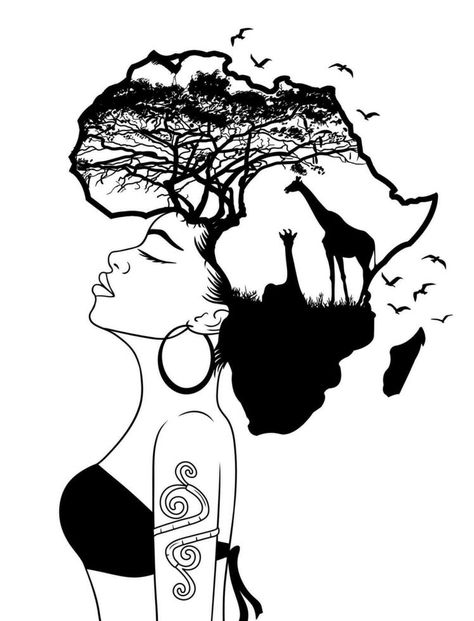 Africa Drawing Ideas, Drawing African Hair, Afro Art Drawings Easy, African Women Art Drawing, African Silhouette Art, African Line Art, Africa Sketch, Woman Side Profile, Face Profile Drawing