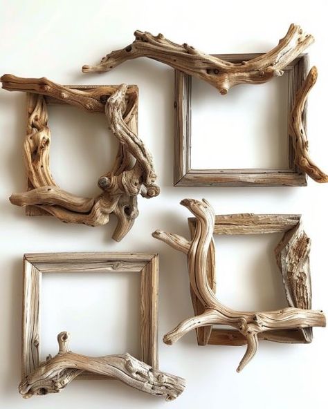 Couple crafts 8 driftwood picture frames. Their living room now exudes a coastal vibe Couple Crafts, Twig Crafts, Driftwood Frame, Driftwood Diy, Driftwood Art Diy, Twig Art, Driftwood Projects, Driftwood Wall Art, Deco Nature