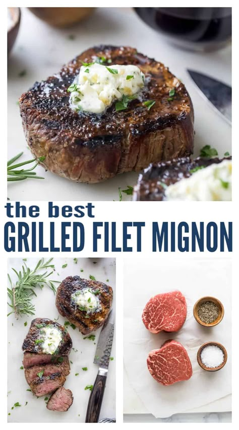 This beginner foolproof method for grilled filet mignon will turn your home into a Michelin kitchen with only 3 ingredients. It'll be your go-to for when you need an easy but fancy-looking weeknight dinner! The key is getting the grill really hot! #steakdinner #grilledsteak #filetmignon #grilledfiletmignon #howtocooksteak Grilling A Filet Mignon, Best Grilled Filet Mignon Recipe, Grilled Fillet Mignon Recipes, Best Way To Cook Filet Mignon On Grill, Cooking Filet Mignon Grill, Marinate Fillet Mignon, Grilled Filet Mignon How To Cook, Steak Marinade For Filet Mignon, Steak Marinade Filet Mignon