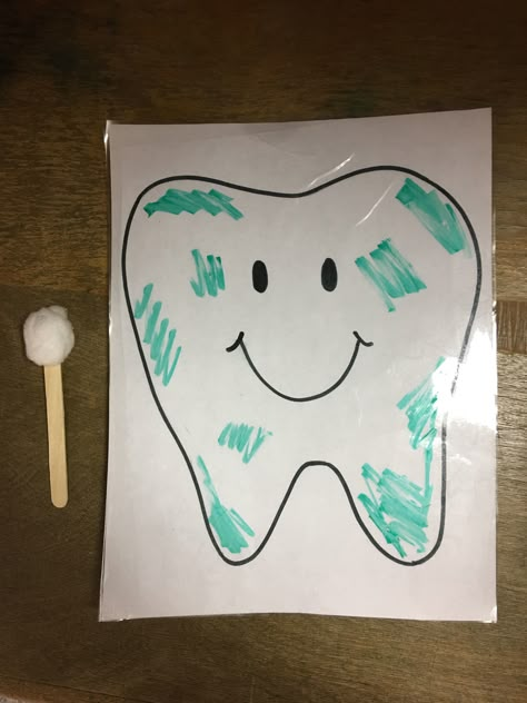 This week’s theme was Dental Health. I talked about all the yucky stuff that gets on our teeth and how important it is to keep them nice and clean! For this activity, my 2 year olds used a popsicle stick with a cotton ball glued to the end as a “toothbrush”—they brushed the green dry erase marker off the tooth until it was all clean! This was such a fun activity! Teeth Prek Activities, Popsicle Stick Toothbrush Craft, Keeping My Body Healthy Preschool, Hygiene Projects For Preschoolers, At The Dentist Preschool, Tooth Cleaning Activity, Teeth For Preschool, Dentist Circle Time Activities, Dental Health Activities First Grade