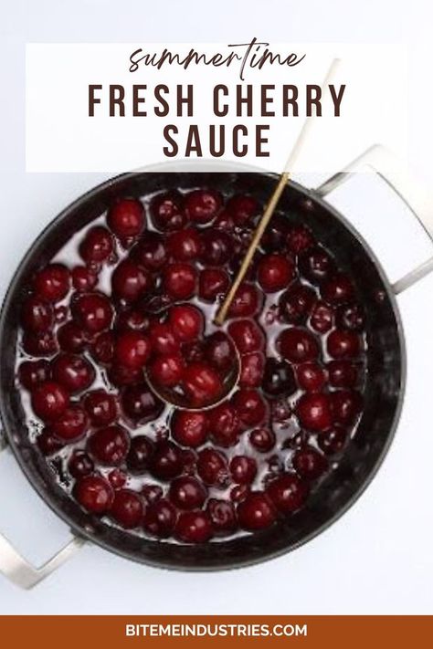 Top view of a pan filled with homemade fresh cherry sauce with a ladle in the mixture. Cherry Sauce For Meat, Cherry Sauce For Duck, Breakfast Rolls Recipe, Cherry Sauce Recipe, Pineapple Sauce, Cherry Preserves, Cherry Sauce, Bing Cherries, Fresh Cherry