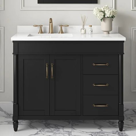 Ove Decors Salisbury 42 In Single Off Centered Sink Bathroom Vanity In Pure White | Wayfair Off Center Sink Vanity, Off Center Sink Bathroom Vanity, Bathroom Vanity Single Sink, Black Bath, Shaker Doors, Floor Bathroom, White Vanity, Marble Countertop, Single Sink Bathroom Vanity