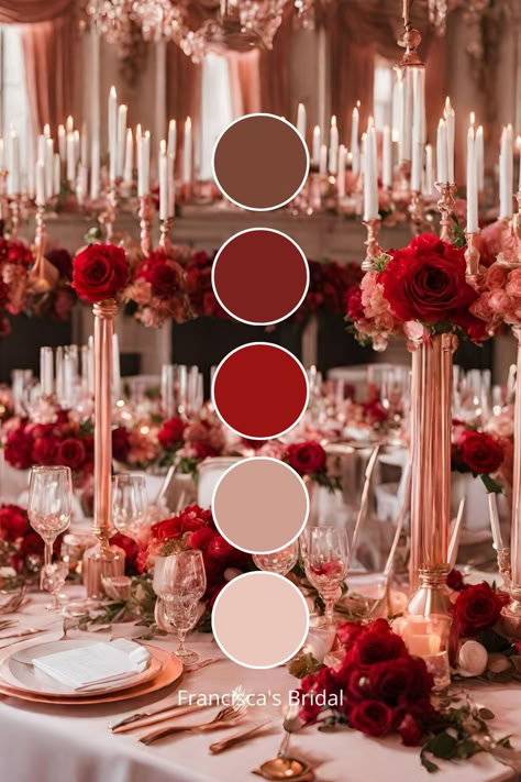 Create an unforgettable wedding reception with this luxurious red and rose gold table setting. The rich red roses are perfectly complemented by rose gold candle holders and elegant glassware, creating a sophisticated and romantic atmosphere. The warm color palette, featuring shades of red, rose, and blush, enhances the opulence of the setting, making it perfect for a grand celebration. #WeddingTableSetting #LuxuryWedding #RedAndGoldWedding #ElegantReception Red And Rose Gold Wedding, Wedding Theme Ideas Fall, Gold Wedding Table Setting, Rose Gold Table Setting, Spring Wedding Theme Ideas, Summer Wedding Theme Ideas, Fall Wedding Theme Ideas, Rose Gold Wedding Table, Wedding Theme Spring